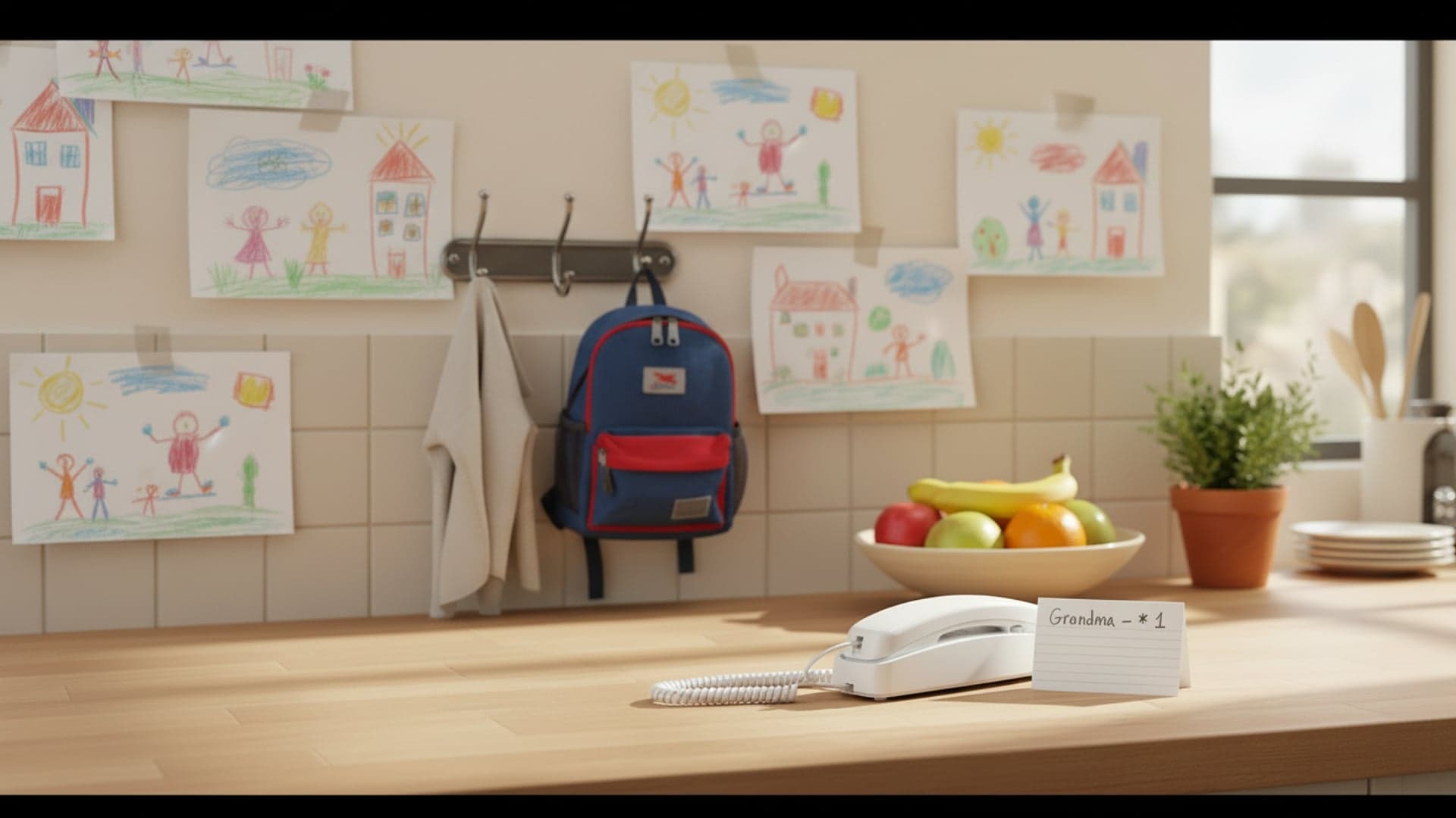 A Ring Ring phone on a kitchen counter beside a kid backpack, crayon drawings, and a hand-written Grandma star-one card