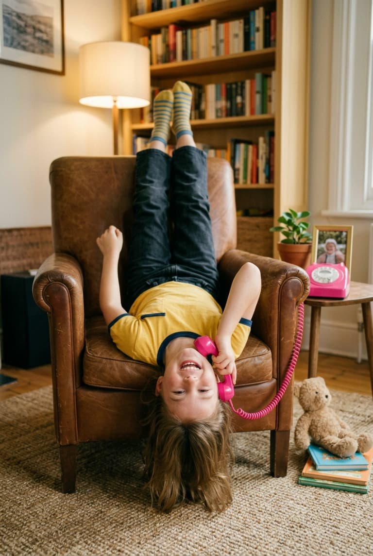 A girl talking on a pink home phone while lying upside down in an armchair