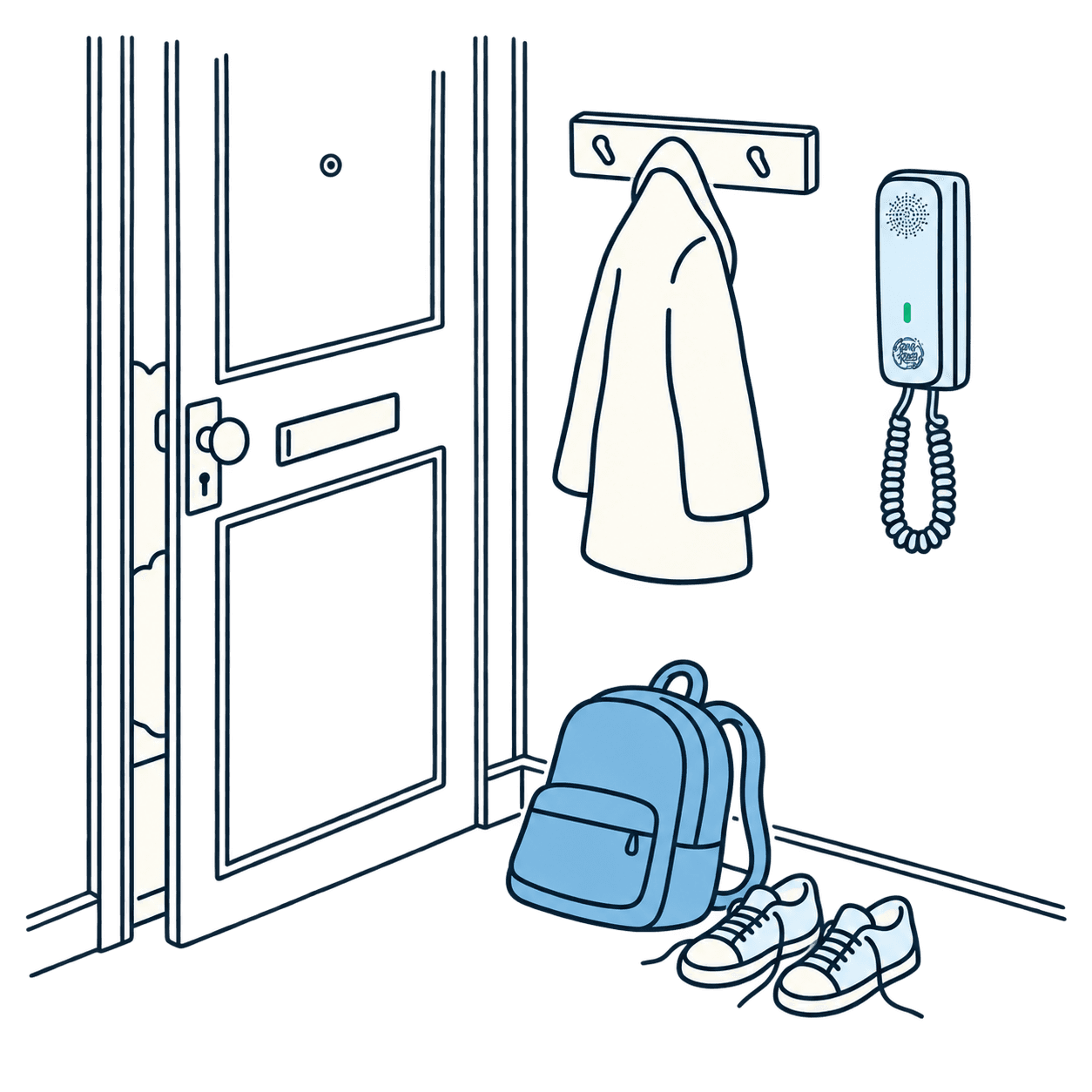 Drawing of a school backpack and sneakers dropped by the front door, under a corded wall phone