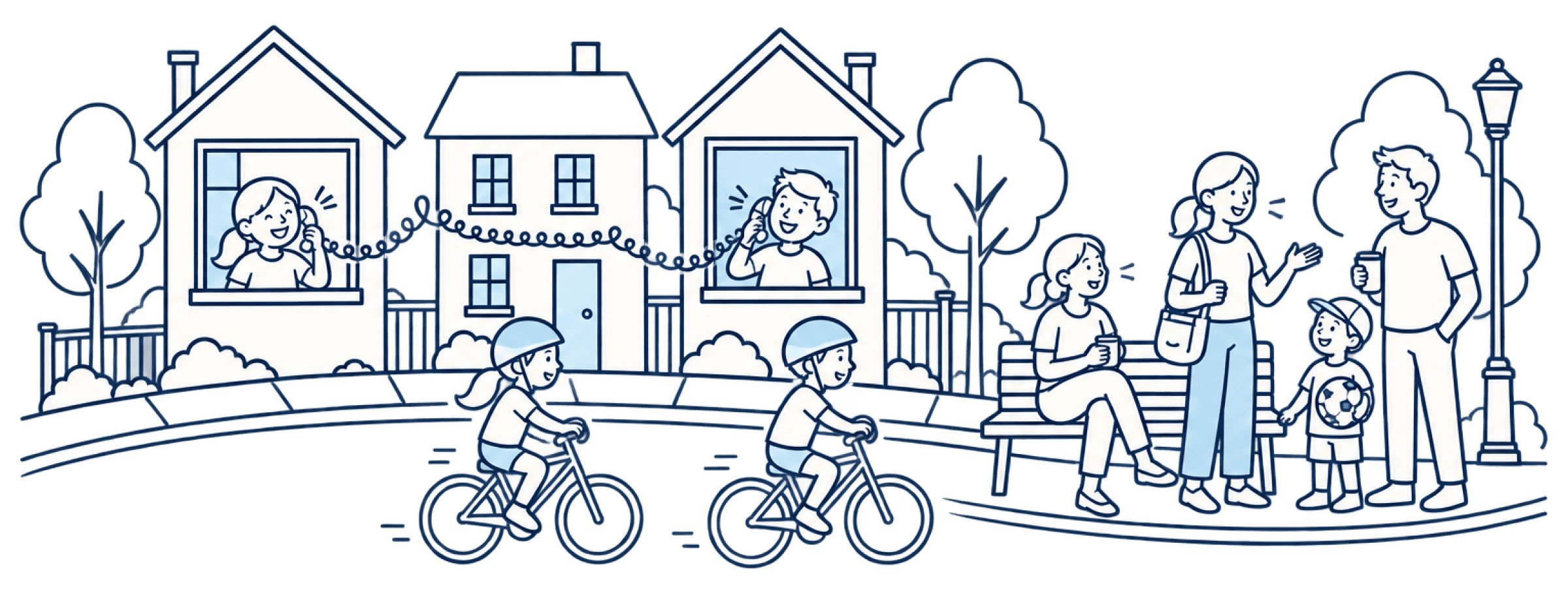 Children call from home, ride their bikes together and meet their parent community
