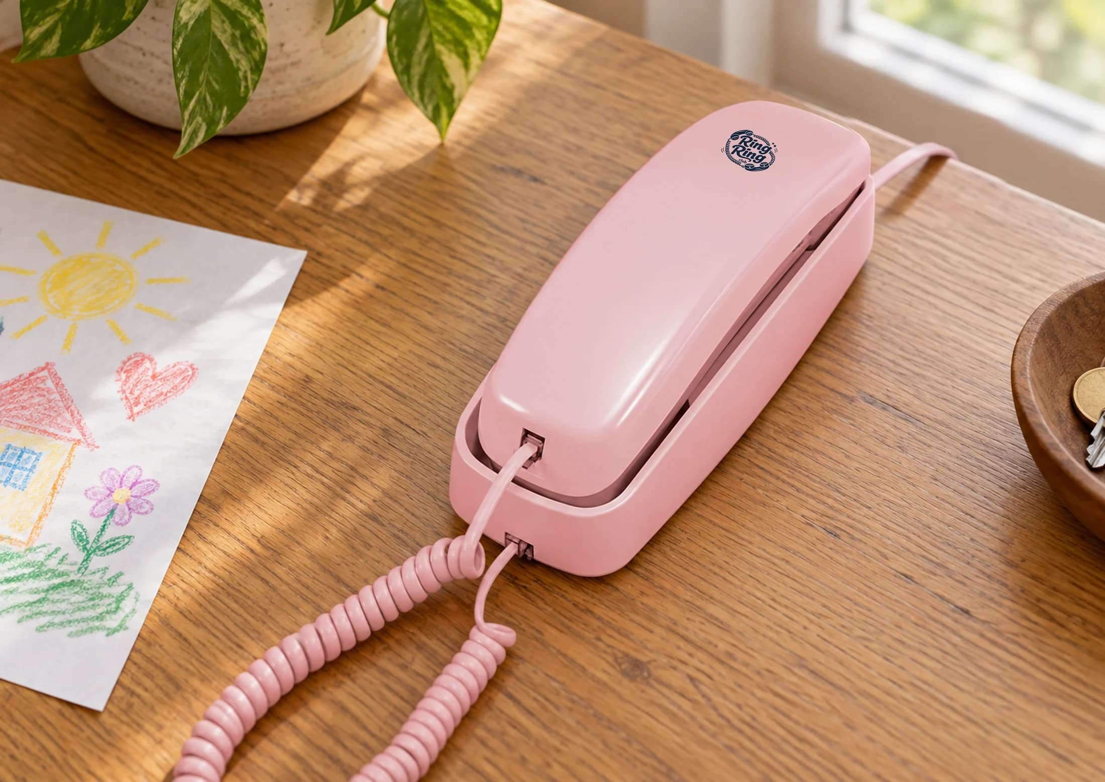 Pink Ring Ring Nostalgic phone with its connected cord on a family table